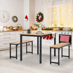 3 Pcs Natural Dining Table Set Dining Table & 2 Benches Kitchen - thumbnail 3