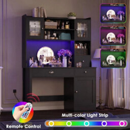 Black Computer Desk With Drawers   Storage Shelves & Power Outlets & Led - thumbnail 4