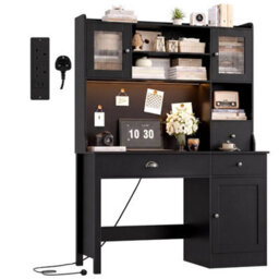 Black Computer Desk With Drawers   Storage Shelves & Power Outlets & Led - thumbnail 1