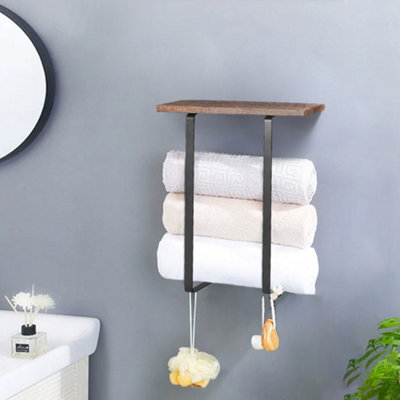 Thehotsale Modern Black Metal Wall-Mounted Towel Rack With Brown Wooden Shelf - image 1