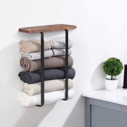 Thehotsale Modern Black Metal Wall-Mounted Towel Rack With Brown Wooden Shelf - thumbnail 2