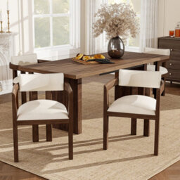 Linen Dining Chairs With Solid Wood Legs, Walnut Wood Colour, Set Of 4 - thumbnail 1