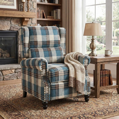 Recliner Armchair Tartan Chair Wing Back Sofa Lounge Chair Adjustable Footrest - image 1