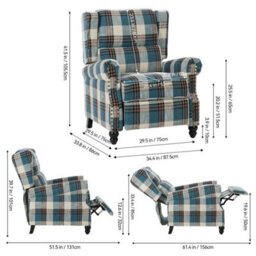 Recliner Armchair Tartan Chair Wing Back Sofa Lounge Chair Adjustable Footrest - thumbnail 2