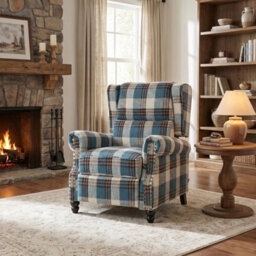 Recliner Armchair Tartan Chair Wing Back Sofa Lounge Chair Adjustable Footrest - thumbnail 3
