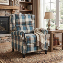 Recliner Armchair Tartan Chair Wing Back Sofa Lounge Chair Adjustable Footrest - thumbnail 1