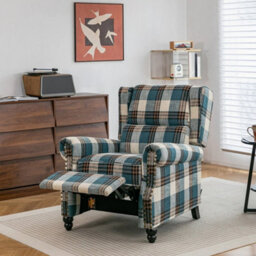Recliner Armchair Tartan Chair Wing Back Sofa Lounge Chair Adjustable Footrest - thumbnail 4