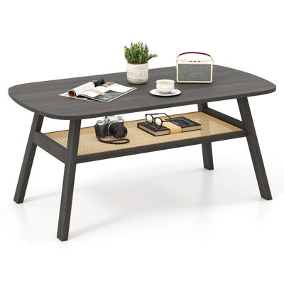 Gainoom 2-Tier Black Coffee Table Rectangular Center Table W/ Storage Shelf - image 1