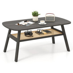 Gainoom 2-Tier Black Coffee Table Rectangular Center Table W/ Storage Shelf - thumbnail 1