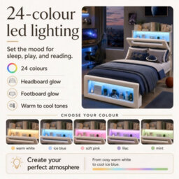 Modernluxe 3Ft Single Bed, 90X190Cm, Upholstered Bed With Led Lights, Storage Headboard, White Metal Frame, Velvet, Cream White - thumbnail 7