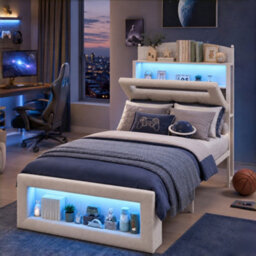 Modernluxe 3Ft Single Bed, 90X190Cm, Upholstered Bed With Led Lights, Storage Headboard, White Metal Frame, Velvet, Cream White - thumbnail 1
