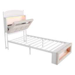 Modernluxe 3Ft Single Bed, 90X190Cm, Upholstered Bed With Led Lights, Storage Headboard, White Metal Frame, Velvet, Cream White - thumbnail 9