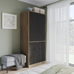 Urbn-Living Urbnliving 180Cm Height Oak Wardrobe With Black 2 Door 3 Drawer Storage And Modern Hanging Rail Furniture