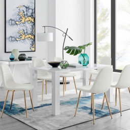 Furniturebox Uk Pivero White High Gloss Dining Table And 6 White Corona Gold Chairs Set