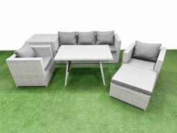 Fimous 7 Pieces Outdoor Pe Rattan Sofa Armchair Set Patio Garden Furniture Sets With Cushions Side Table Big Stool Light Grey - thumbnail 1