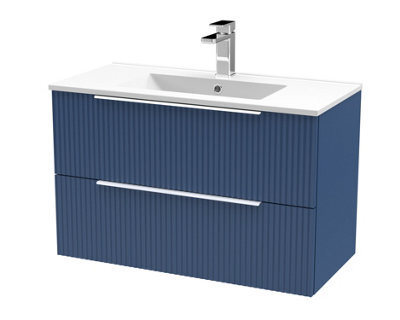 Balterley Tixall Fluted 2 Drawer Wall Hung Vanity Unit With Minimalist Basin, Satin Blue, 800mm - image 1