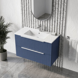 Balterley Tixall Fluted 2 Drawer Wall Hung Vanity Unit With Minimalist Basin, Satin Blue, 800mm - thumbnail 3