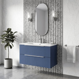 Balterley Tixall Fluted 2 Drawer Wall Hung Vanity Unit With Minimalist Basin, Satin Blue, 800mm - thumbnail 4