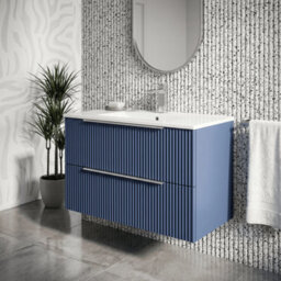 Balterley Tixall Fluted 2 Drawer Wall Hung Vanity Unit With Minimalist Basin, Satin Blue, 800mm - thumbnail 2