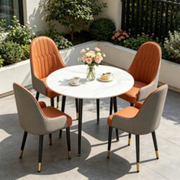 White Dining Table Kitchen Dinner Round White Marble Top - thumbnail 1