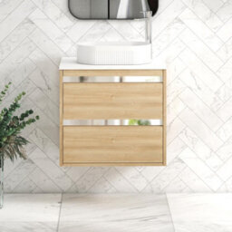 Royal Bathrooms Orion 600mm Natural Oak Wall Hung Plain White Countertop Vanity Unit 2 Drawer With Lyon Basin & Chrome Accent Trim - thumbnail 1