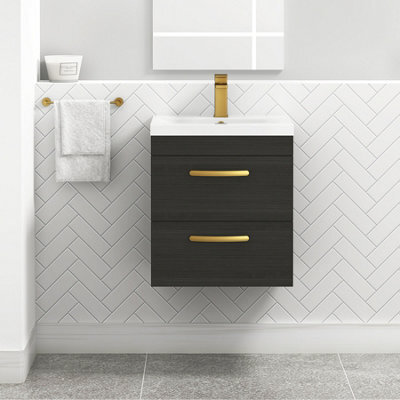 Royal Bathrooms Turin Hale Black 500mm Wall Hung Vanity Unit 2 Drawer With Mid-Edge Basin Sink & Brushed Brass Handles - image 1