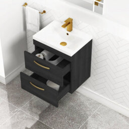 Royal Bathrooms Turin Hale Black 500mm Wall Hung Vanity Unit 2 Drawer With Mid-Edge Basin Sink & Brushed Brass Handles - thumbnail 5