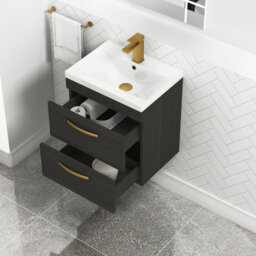 Royal Bathrooms Turin Hale Black 500mm Wall Hung Vanity Unit 2 Drawer With Mid-Edge Basin Sink & Brushed Brass Handles - thumbnail 3