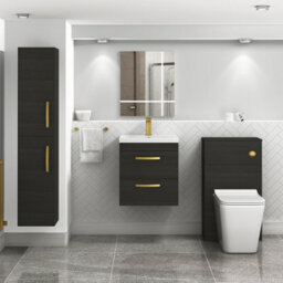 Royal Bathrooms Turin Hale Black 500mm Wall Hung Vanity Unit 2 Drawer With Mid-Edge Basin Sink & Brushed Brass Handles - thumbnail 2