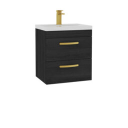 Royal Bathrooms Turin Hale Black 500mm Wall Hung Vanity Unit 2 Drawer With Mid-Edge Basin Sink & Brushed Brass Handles - thumbnail 6