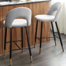 Beliani Velvetique Set Of 2 Grey Velvet Bar Chairs With Black Steel Frame And Gold Ends, 98Cm High - thumbnail 2