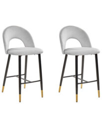 Beliani Velvetique Set Of 2 Grey Velvet Bar Chairs With Black Steel Frame And Gold Ends, 98Cm High - thumbnail 3
