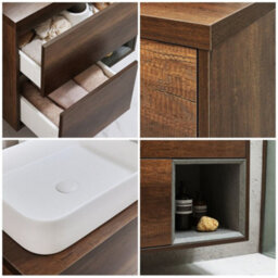 Homestylestore Dark Oak 800mm Wall Hung Bathroom Vanity Unit Rectangular Chalk Countertop Basin Open Shelf - thumbnail 2