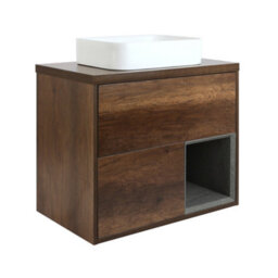 Homestylestore Dark Oak 800mm Wall Hung Bathroom Vanity Unit Rectangular Chalk Countertop Basin Open Shelf - thumbnail 1