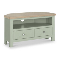 Farro Sage  Corner Tv Unit With Washed Oak Top - Fully Assembled - By Roseland Furniture