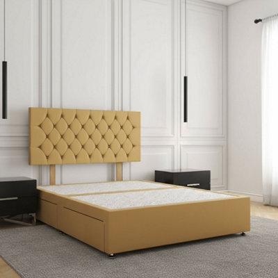 REGIONAL FURNISHINGS Mustard Plush Velvet Divan Bed Set Upholstered With 24Inch Headboard 2Drawers Footend & No Mattress In 4Ft 4Ft6 5Ft 6Ft Sizes - image 1