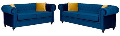 Hilton Chesterfield Style Sofa Navy Blue French Velvet Fabric 3+2 Seater Set (3+2 Seater) - image 1