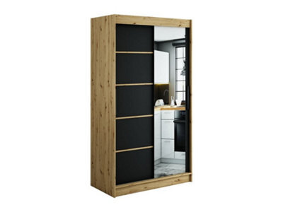 Arte Leto V2 Contemporary 2 Sliding Mirror Door Wardrobe 5 Shelves 2 Rails Black Matt And Oak Effect (H)2000mm (W)1200mm (D)620mm - image 1