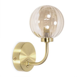 Valuelights Chessy Gold Metal Curved Wall Light With Amber Ribbed Glass Globe Shade - thumbnail 2