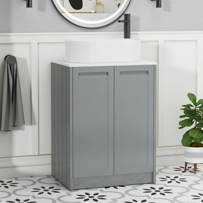 Royal Bathrooms Royal Bathroom Elmore 600mm Matt Pebble Grey Freestanding Bathroom Vanity Unit 2 Door Plain White Worktop With Peak Basin - image 1