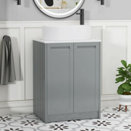 Royal Bathrooms Royal Bathroom Elmore 600mm Matt Pebble Grey Freestanding Bathroom Vanity Unit 2 Door Plain White Worktop With Peak Basin - thumbnail 1