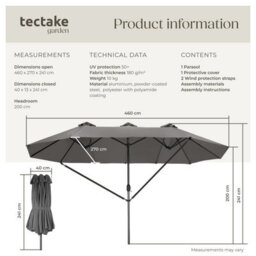 Tectake Parasol Silia - Extra Wide, 460 X 270 Cm, Height-Adjustable, Cover Included - Grey - thumbnail 6
