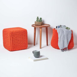 Homescapes Burnt Orange Cube Cotton Knitted Pouffe Footstool - thumbnail 6