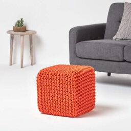 Homescapes Burnt Orange Cube Cotton Knitted Pouffe Footstool - thumbnail 2