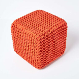 Homescapes Burnt Orange Cube Cotton Knitted Pouffe Footstool - thumbnail 3