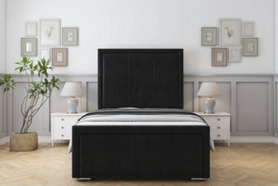 "Sloomy Lancaster Black Plush Bed Frame With Mattress With 50"" Upholstered Headboard 4' Small Double" - image 1