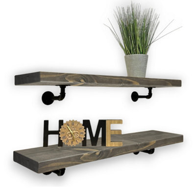 MKGT Industrial Pipe Bracket Wooden Floating Shelves, Rustic Wall Decor (Driftwood Grey, 110Cm) - image 1