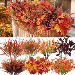 CLEFFNS 16 Bundles 7 Styles Artificial Fall Flowers Plants For Outdoors Fall Decor Fake Faux Flower Autumn Orange Leaves For Thanksgiving - thumbnail 1