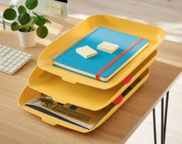 Leitz Cosy Warm Yellow Plastic Home Office Desk Storage Organiser Rectangular Wide Open A4 Document Magazine Set Of 3 Letter Trays - thumbnail 2