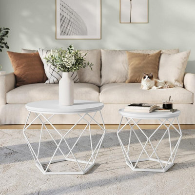 Songmics Modern Round Coffee Table Set, Pair Of End Tables With Removable Top, Steel Frame, Snow White And Cloud White - image 1